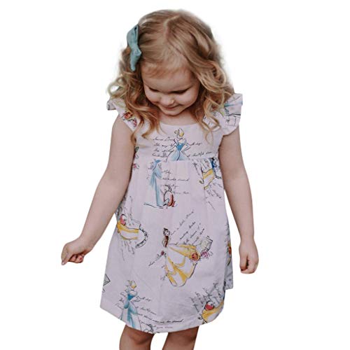 Luckycat Vestido para Niña Fiesta Primavera Verano 2019, Vestido Niña Princesa 2-7 años Manga Corta Blanco Rosa Conjunto Impresión de Dibujos Animados Bebe Nina Mono Falda Volantes Embroidered Casual