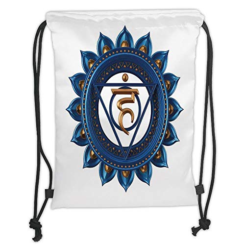LULUZXOA Gym Bag Printed Drawstring Sack Backpacks Bags,Chakra Decor,Vintage Power Sign Graphic Sacred Center of Vital Energy Decor,Blue Gold Soft Satin,The Stylish Ba