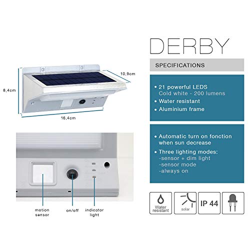 Lumi Jardin Derby W11 - Foco solar 21 LED para exterior impermeable, luz con detector de movimiento, acero inoxidable cepillado, integrado, 2 W, 16,4 x 10.9 x 8,4 cm