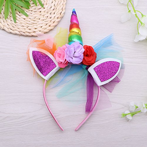 LUOEM Unicornio Rainbow cuerno diadema unicornio orejas diadema cumpleaños Colorido flor Hheadwear para niños adultos traje de cosplay, decoración del partido