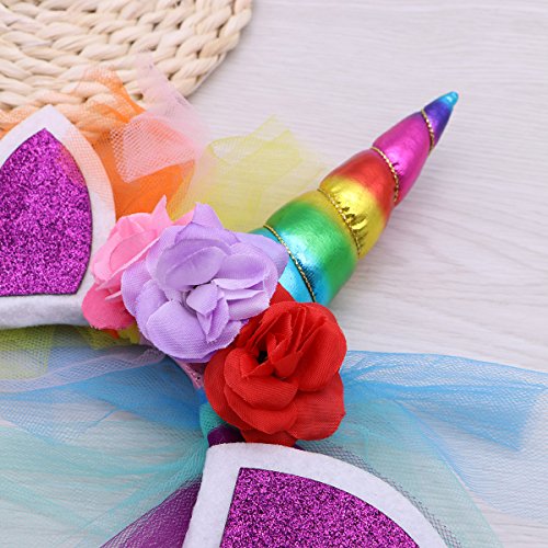 LUOEM Unicornio Rainbow cuerno diadema unicornio orejas diadema cumpleaños Colorido flor Hheadwear para niños adultos traje de cosplay, decoración del partido