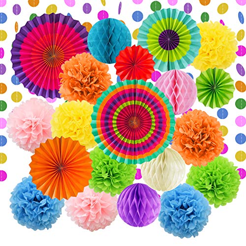 LURICO Decoración de la Fiesta, 21 Piezas Abanicos de Papel Bola de Nido Pom Poms Ventilador de Papel para Colgar Decoración para Cumpleaños Boda Carnaval Bebé Ducha Home Party Supplies Decoración