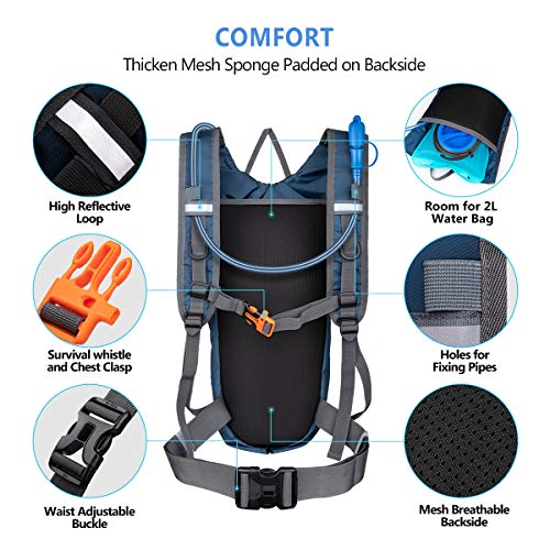 LUROON Mochila de Hidratación con 2L Bolsa de Agua sin BPA, Ligero Portátil Mochila de Correr para Hacer Ejercicio, Escalar, Acampar, Esquiar, Bicicleta, Trekking para Hombres Mujeres (Azul)