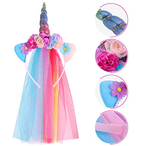 Lurrose - Diadema de unicornio para fiestas de cumpleaños para niñas y adultos, de tul con los colores del arcoíris, 4 unidades