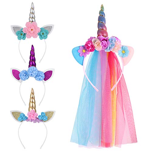 Lurrose - Diadema de unicornio para fiestas de cumpleaños para niñas y adultos, de tul con los colores del arcoíris, 4 unidades