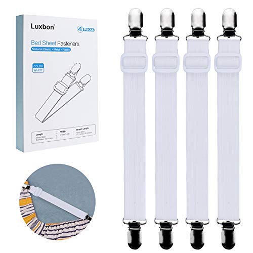 Luxbon 4Pcs Blanco Sujetadores de Sábana Ajustables Clips de Lámina Tirantes Sabanas Elásticos Correas Sostenedores Pinzas para Sábanas de Sofá Fundas de Colchón