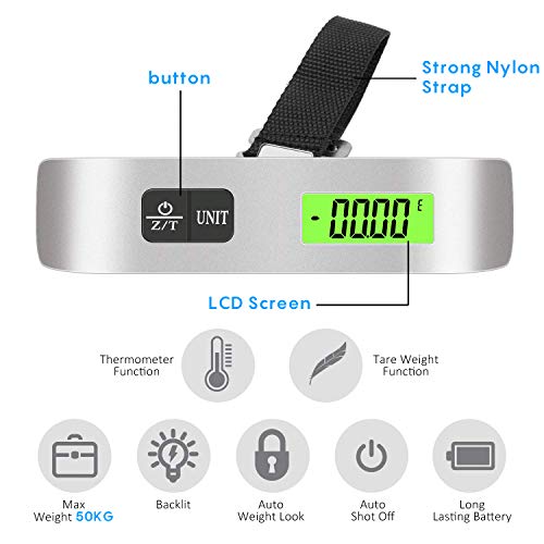 Luxebell Básculas para Equipaje Báscula Digital 50kg Balanza de Retroiluminación de LCD de Sensor de Temperatura con la Batería para Equipaje Viaje Luxebell Básculas para Equipaje Báscula Digital 50kg Balanza de Retroiluminación de LCD de Sensor de Temperatura con la Batería para Equipaje Viaje