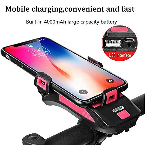 Luz Bicicleta, Luz Frontal Bicicleta Recargable USB 4 en 1 Impermeable Luces para Bicicleta con Bocina, Soporte Teléfono Bicicleta, 4000mAh Power Bank Luces Bicicleta con 3 Modos Luz Bicicleta, Luz Frontal Bicicleta Recargable USB 4 en 1 Impermeable Luces para Bicicleta con Bocina, Soporte Teléfono Bicicleta, 4000mAh Power Bank Luces Bicicleta con 3 Modos