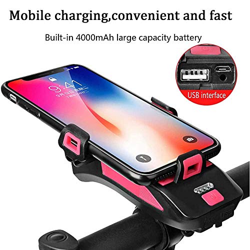 Luz Bicicleta, Luz Frontal Bicicleta Recargable USB 4 en 1 Impermeable Luces para Bicicleta con Bocina, Soporte Teléfono Bicicleta, 4000mAh Power Bank Luces Bicicleta con 3 Modos