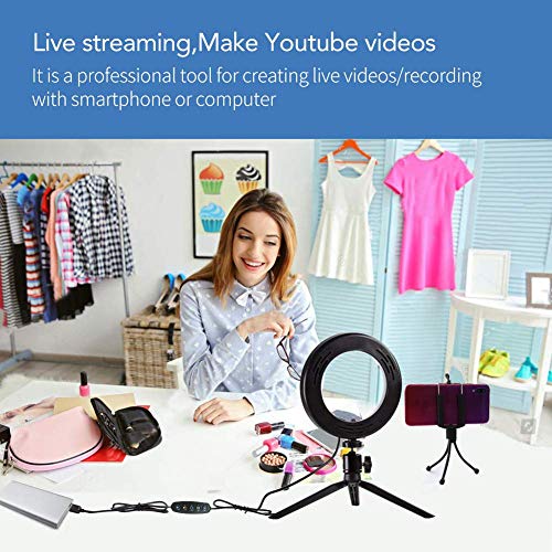 Luz de Anillo de 6"con trípode para Selfie/Makeup Live Stream y Video de Youtube Luz LED de cámara con 3 Modos de luz y 11 Niveles de Brillo y con Soporte para teléfono móvil (Black)