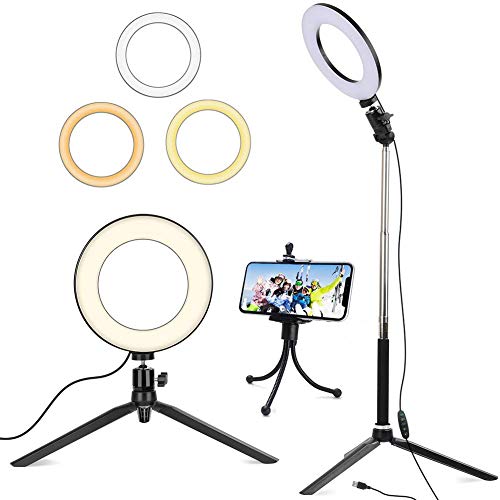 Luz de Anillo de 6"con trípode para Selfie/Makeup Live Stream y Video de Youtube Luz LED de cámara con 3 Modos de luz y 11 Niveles de Brillo y con Soporte para teléfono móvil (Black)