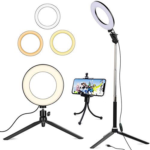 Luz de Anillo de 6"con trípode para Selfie/Makeup Live Stream y Video de Youtube Luz LED de cámara con 3 Modos de luz y 11 Niveles de Brillo y con Soporte para teléfono móvil (Black) Luz de Anillo de 6"con trípode para Selfie/Makeup Live Stream y Video de Youtube Luz LED de cámara con 3 Modos de luz y 11 Niveles de Brillo y con Soporte para teléfono móvil (Black)