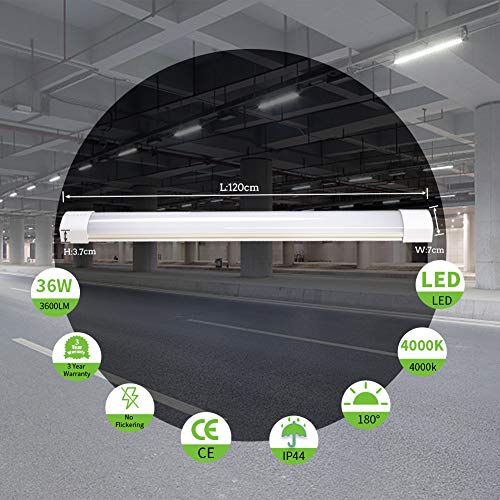 Luz de tubo LED, Airand 120CM 36W LED IP66 Luminaria de Taller 4000K Luz de Techo Impermeable Lámpara LED Blanco Natural para Garaje Oficina Supermercado Bodega Departamento Departamento Baño Cocina