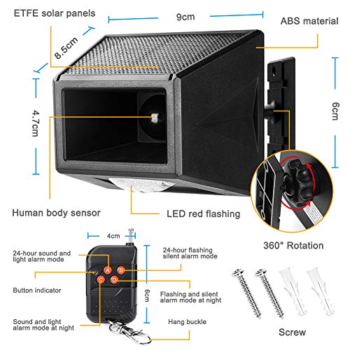 Luz estroboscópica solar con detector de movimiento, Achort ETFE luz de alarma solar con mando a distancia, 129 db de sonido, sirena de seguridad, IP65 impermeable, para casa, granja, granero, villa