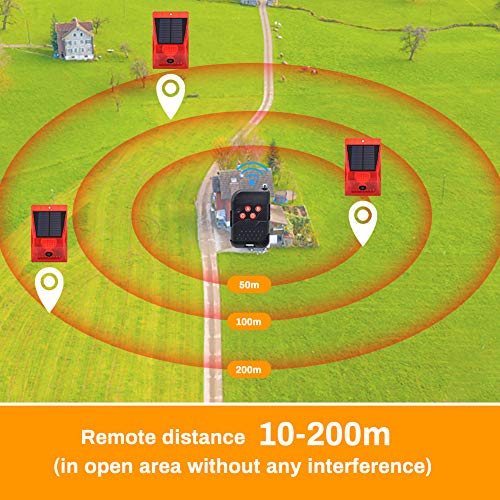 Luz estroboscópica solar con detector de movimiento, Achort luz de alarma solar con mando a distancia, 129 db de sonido, sirena de seguridad, IP65 impermeable, para casa, granja, granero, villa