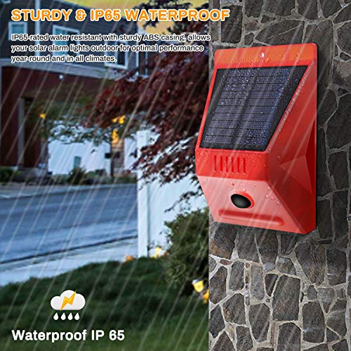 Luz estroboscópica solar con detector de movimiento, Achort luz de alarma solar con mando a distancia, 129 db de sonido, sirena de seguridad, IP65 impermeable, para casa, granja, granero, villa