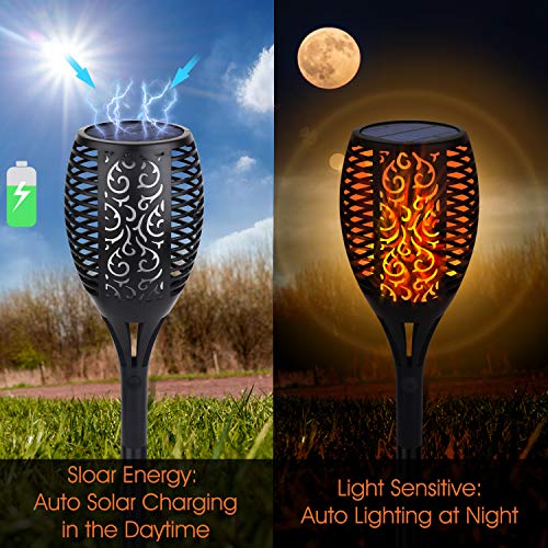 Luz Solar de la Antorcha, 96 LED Parpadeo Luces de Llama Jardín Dendas/Patio Decoración de Paisaje al aire Libre Iluminación de Llama de Baile (2 pack) [Clase de Eficiencia Energética A]