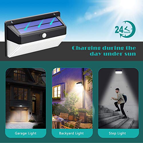 Luz Solar Exterior 108LED, Kilponen Foco Solar Exterior con Sensor de Movimiento Lámpara Solar Impermeable Gran Ángulo 270º de Iluminación Luces Solares Jardín 2200mAh y 3 Modos Inteligentes 2-Paquete