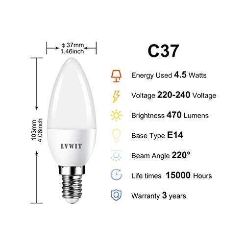 LVWIT Bombillas LED Vela E14 (Casquillo Fino) - 5W equivalente a 40W, 470 lúmenes, Color blanco frío 6500K, No regulable - Pack de 12 Unidades.