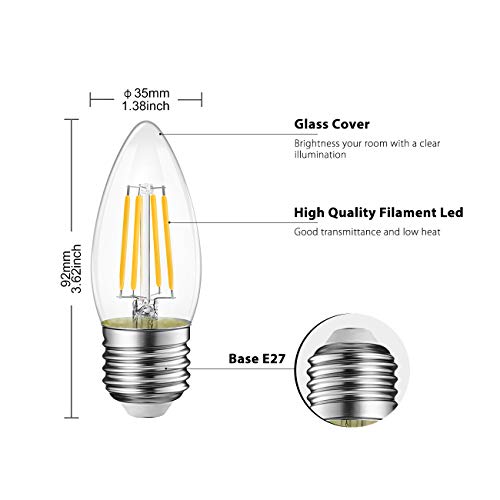 LVWIT Bombillas Vela de Filamento LED E27 (Casquillo Gordo) - 4W equivalente a 40W, 470 lúmenes, Color blanco cálido 2700K. Bombilla retro vintage, No regulable - Pack de 6 Unidades.