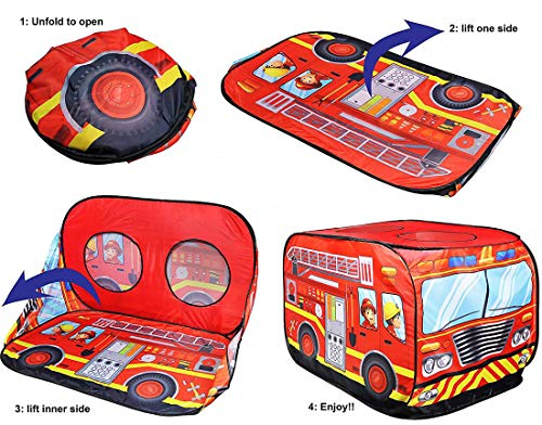 LWKBE Fire Truck Pop Up Play Carpa para niños Happy Time Play House Kids Play Tent Carpa Plegable Playhouse Interior/Exterior para niños pequeños, niños y niñas