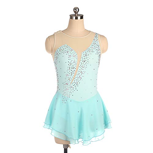 LYABANG Maillot De Patinaje Artístico con Falda para Niña Vestido De Danza Ballet Diamantes Leotardo De Gimnasia Rítmica Brillante Sin Mangas Maillot De Ballet Tutú Traje Rendimiento,Blue-S