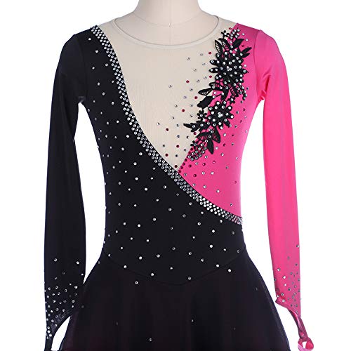 LYABANG Vestido Patinaje Artístico Niñas Competención Maillot Gimnasia Rítmica con Falda Irregular Vestido Danza Ballet Traje Bailarina Leotardo,Black+Pink-XXXL