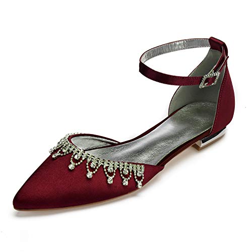 L@YC Zapatos De Ballet Planos Con Correa De Tobillo Y Diamantes De Imitación Para Mujer, Zapatos Elegantes Para Fiesta De Bailarina Para Mujer,Dark red,41