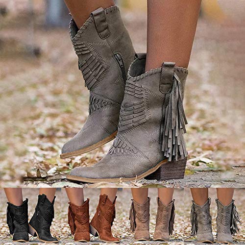LYYJF - Botas de vaquero clásicas para mujer, piel vaquera, zapatos de tacón bajo, hasta la rodilla, color gris, 40