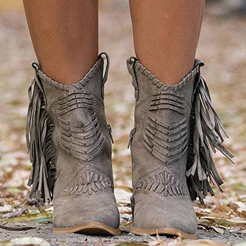 LYYJF - Botas de vaquero clásicas para mujer, piel vaquera, zapatos de tacón bajo, hasta la rodilla, color gris, 40