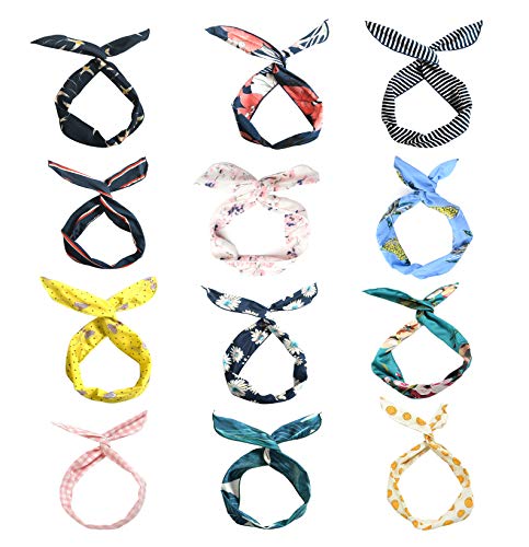 LZYMSZ 12PCS Twist Bow Bandas Para la Cabeza con Cable, Alambre de Hierro Anudado Banda Para Cabello Flor, Yoga Head Wraps Turbante Deportivo, Vintage Impreso Criss Cross(12-SS)