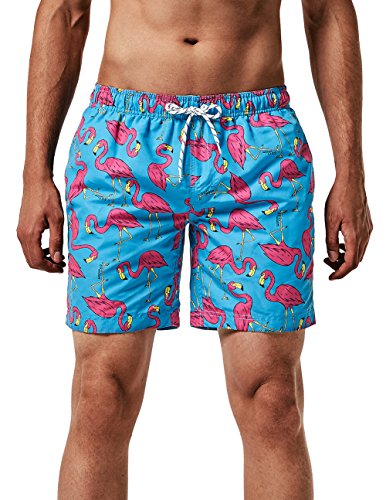 MaaMgic Hombre Bañador de Playa Tropical Vacaciones y Viajes en Verano con Bolsillos Azul Flamenco Rosa L