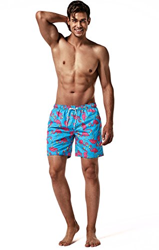 MaaMgic Hombre Bañador de Playa Tropical Vacaciones y Viajes en Verano con Bolsillos Azul Flamenco Rosa L