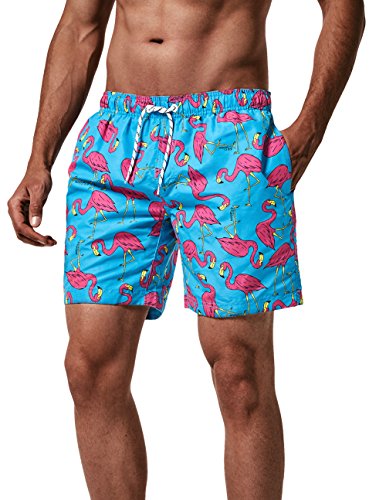 MaaMgic Hombre Bañador de Playa Tropical Vacaciones y Viajes en Verano con Bolsillos Azul Flamenco Rosa L