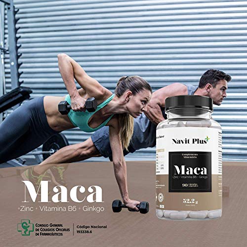 Maca andina capsulas 5000 mg con Zinc, Ginkgo y Vitamina B6 | Código Nacional Farmacia 193338.6 | Cápsulas vegetales | Aumenta nivel de energía y rendimiento | Tratamiento hasta 3 meses | NAVIT PLUS.