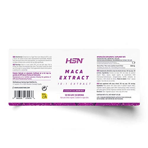 Maca Andina de HSN | 500mg | Extracto 10:1 Alta Concentración | Energizante Natural | Apto Vegano, Sin Gluten, Sin Lactosa | 120 Cápsulas Vegetales