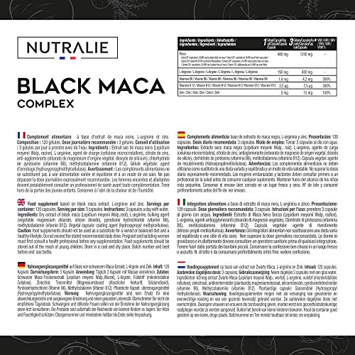 Maca Negra Andina 1200mg por dosis (equivalente a 24.000mg de planta) con L-Arginina, Zinc y Vitaminas B6 B12 | 120 cápsulas vegetales de Maca altamente concentrada 20:1 | Nutralie