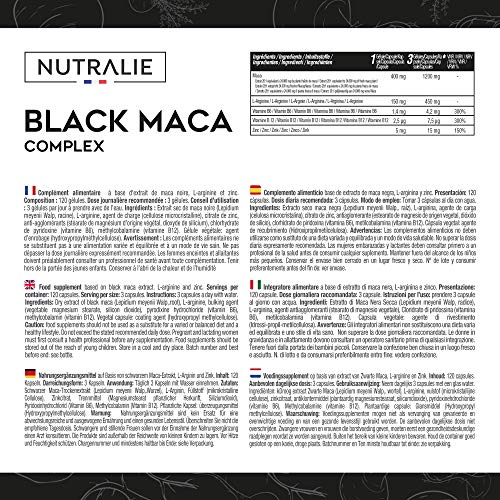 Maca Negra Andina 1200mg por dosis (equivalente a 24.000mg de planta) con L-Arginina, Zinc y Vitaminas B6 B12 | 120 cápsulas vegetales de Maca altamente concentrada 20:1 | Nutralie Maca Negra Andina 1200mg por dosis (equivalente a 24.000mg de planta) con L-Arginina, Zinc y Vitaminas B6 B12 | 120 cápsulas vegetales de Maca altamente concentrada 20:1 | Nutralie