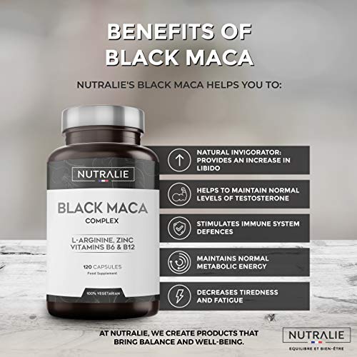 Maca Negra Andina 1200mg por dosis (equivalente a 24.000mg de planta) con L-Arginina, Zinc y Vitaminas B6 B12 | 120 cápsulas vegetales de Maca altamente concentrada 20:1 | Nutralie