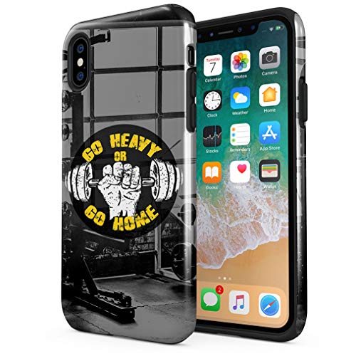 Maceste Gym Go Heavy Or Go Home Compatible with Apple iPhone X/XS Silicone Inner & Outer Hard PC Shell 2 Piece Hybrid Armor Case Cover