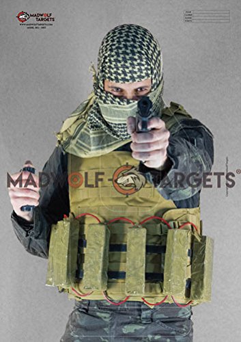 Madwolf Targets Silueta Realista para Tiro táctico y policial - Terrorista Yihadista con Cinturon Explosivo (84,1 x 59,4 cm) (Pack 20 Siluetas)