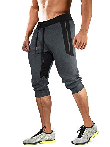 Magcomsen - Pantalones cortos deportivos para hombre, casual, de algodón, 3/4, cintura elástica con bolsillos con cierre de cordón, pantalones de chándal
