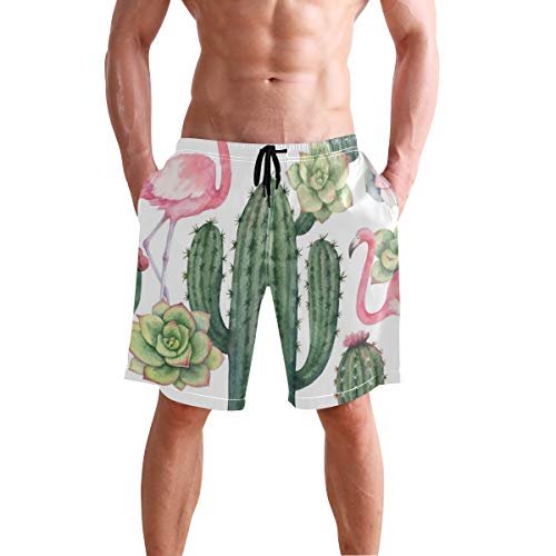 magic ship Flamencos y Cactus Pantalones Cortos de Seda para Hombre Pantalones Cortos caseros Ligeros de Playa Shorts de baño con Secado rápido S