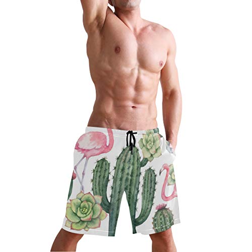 magic ship Flamencos y Cactus Pantalones Cortos de Seda para Hombre Pantalones Cortos caseros Ligeros de Playa Shorts de baño con Secado rápido S