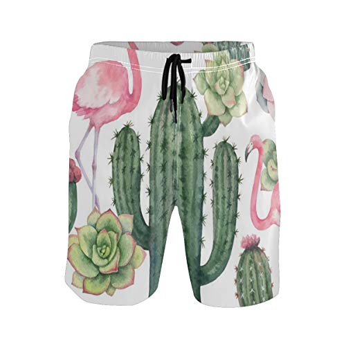 magic ship Flamencos y Cactus Pantalones Cortos de Seda para Hombre Pantalones Cortos caseros Ligeros de Playa Shorts de baño con Secado rápido S