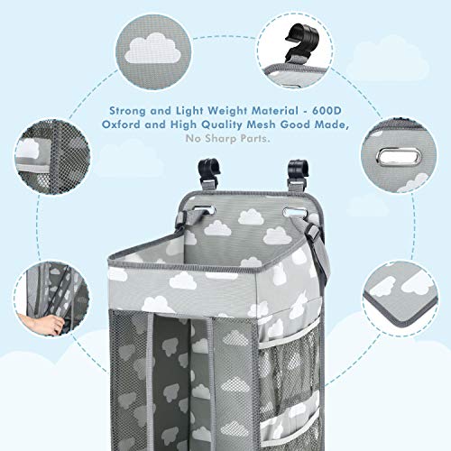 Magicfly Bolsa para Cuna Multifuncional, Organizador Colgante de Pañales de Bebé, Bolsa de Almacenamiento para Habitación de Bebés con Estampado de Nubes, Gris