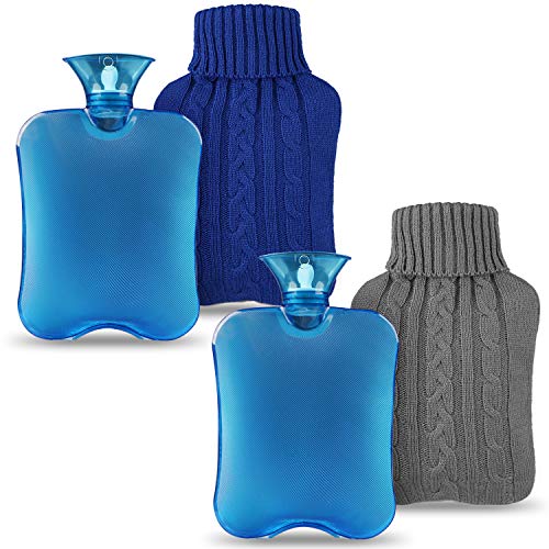 Magicfun Bolsa de Agua Caliente 2 Pack, Botella De Agua De Gran Capacidad 2L con Funda Suave de Peluche, Goma Natural, Fugas, Días Frios (Gris + Azul)