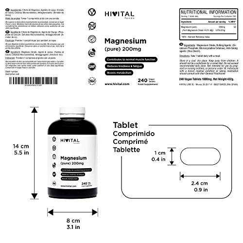 Magnesio puro 200 mg procedente de Citrato de Magnesio | 240 comprimidos (Suministro para 8 meses) | Mejora los sistemas muscular y nervioso, reduce el cansancio y la fatiga, y activa el metabolismo.