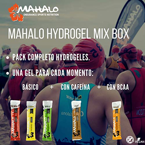 Mahalo Hydrogel Mix Box - Pack De 18 Geles 12 Performance Hydrogel (Limón +Frutos Rojos+ Manzana) + 3 Performance Caffeine Hydrogel (Cola)+ 3 Performance Bcaa Hydrogel (Naranja) - 18 Sticks X 45 Ml.