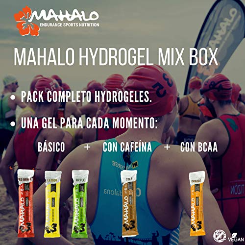 Mahalo Hydrogel Mix Box - Pack De 18 Geles 12 Performance Hydrogel (Limón +Frutos Rojos+ Manzana) + 3 Performance Caffeine Hydrogel (Cola)+ 3 Performance Bcaa Hydrogel (Naranja) - 18 Sticks X 45 Ml.